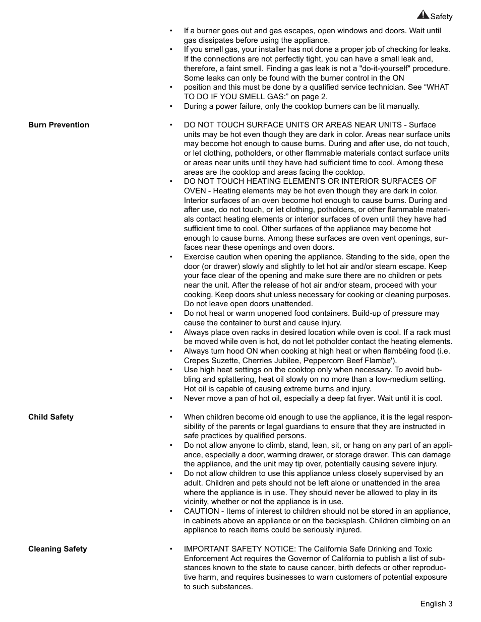 Burn prevention, Child safety, Cleaning safety | Bosch Gas Ranges User Manual | Page 5 / 48