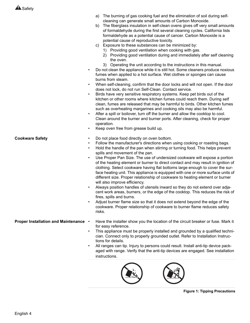 Cookware safety, Proper installation and maintenance, Figure 1: tipping precautions | Bosch Gas Ranges User Manual | Page 6 / 48