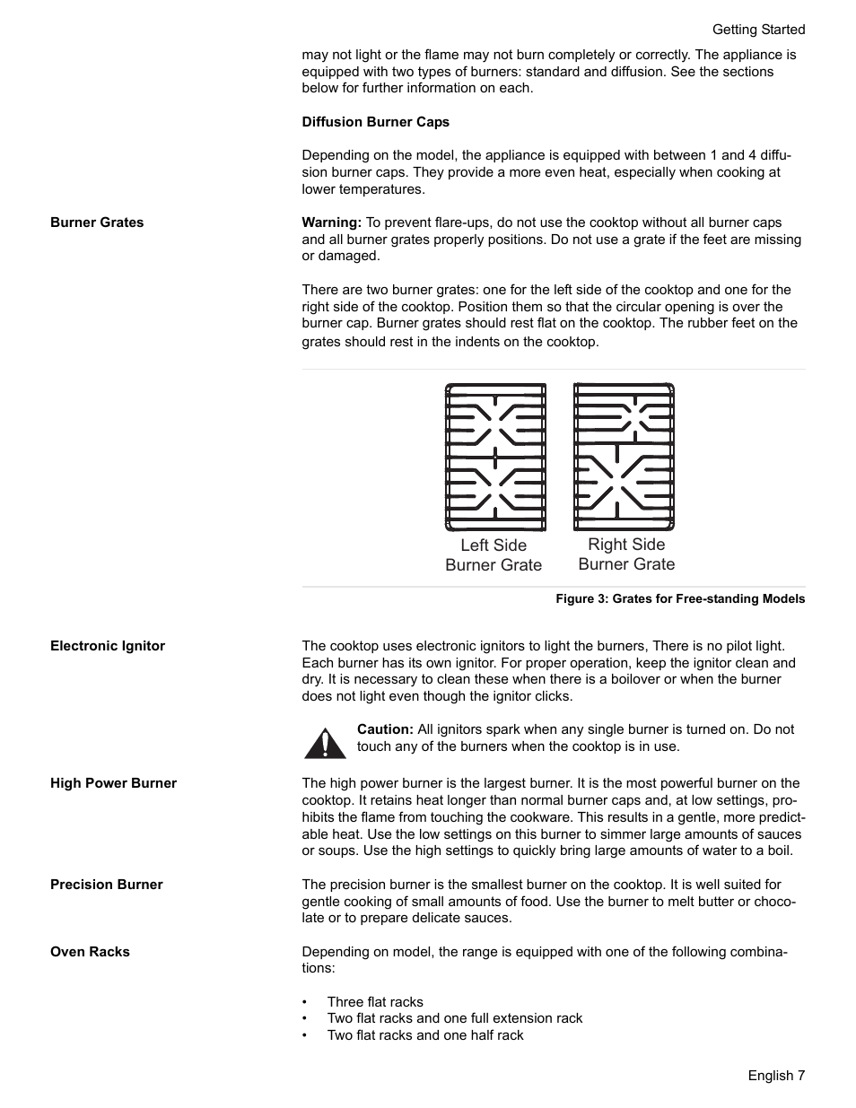 Burner grates, Figure 3: grates for free-standing models, Electronic ignitor | High power burner, Precision burner, Oven racks | Bosch Gas Ranges User Manual | Page 9 / 48