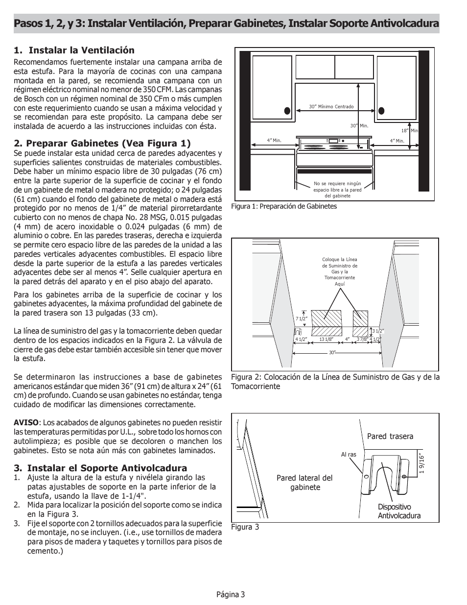 Instalar la ventilación, Instalar el soporte antivolcadura, Preparar gabinetes (vea figura 1) | Bosch HDS256U User Manual | Page 20 / 24