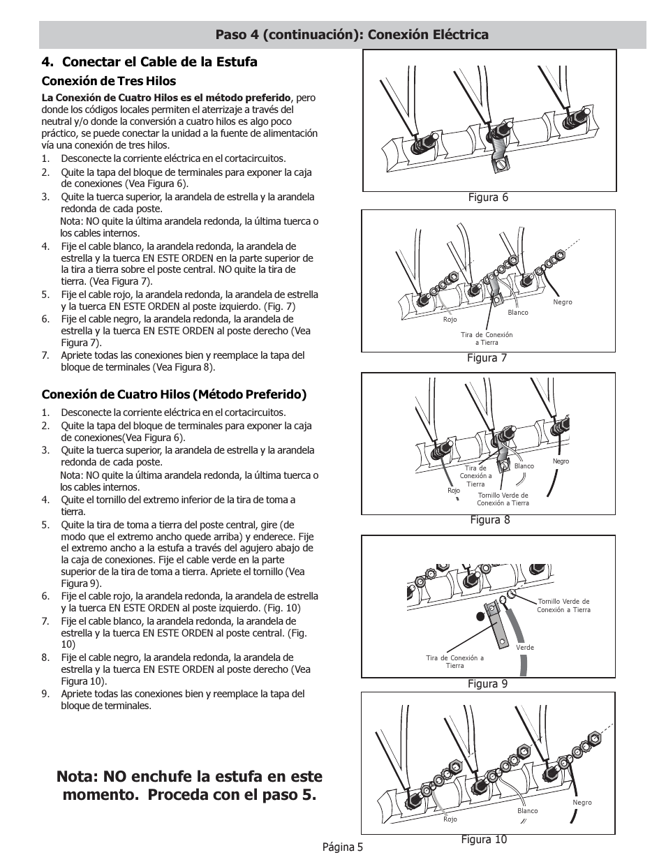 Conectar el cable de la estufa, Paso 4 (continuación): conexión eléctrica, Conexión de tres hilos | Conexión de cuatro hilos (método preferido) | Bosch HDS256U User Manual | Page 22 / 24