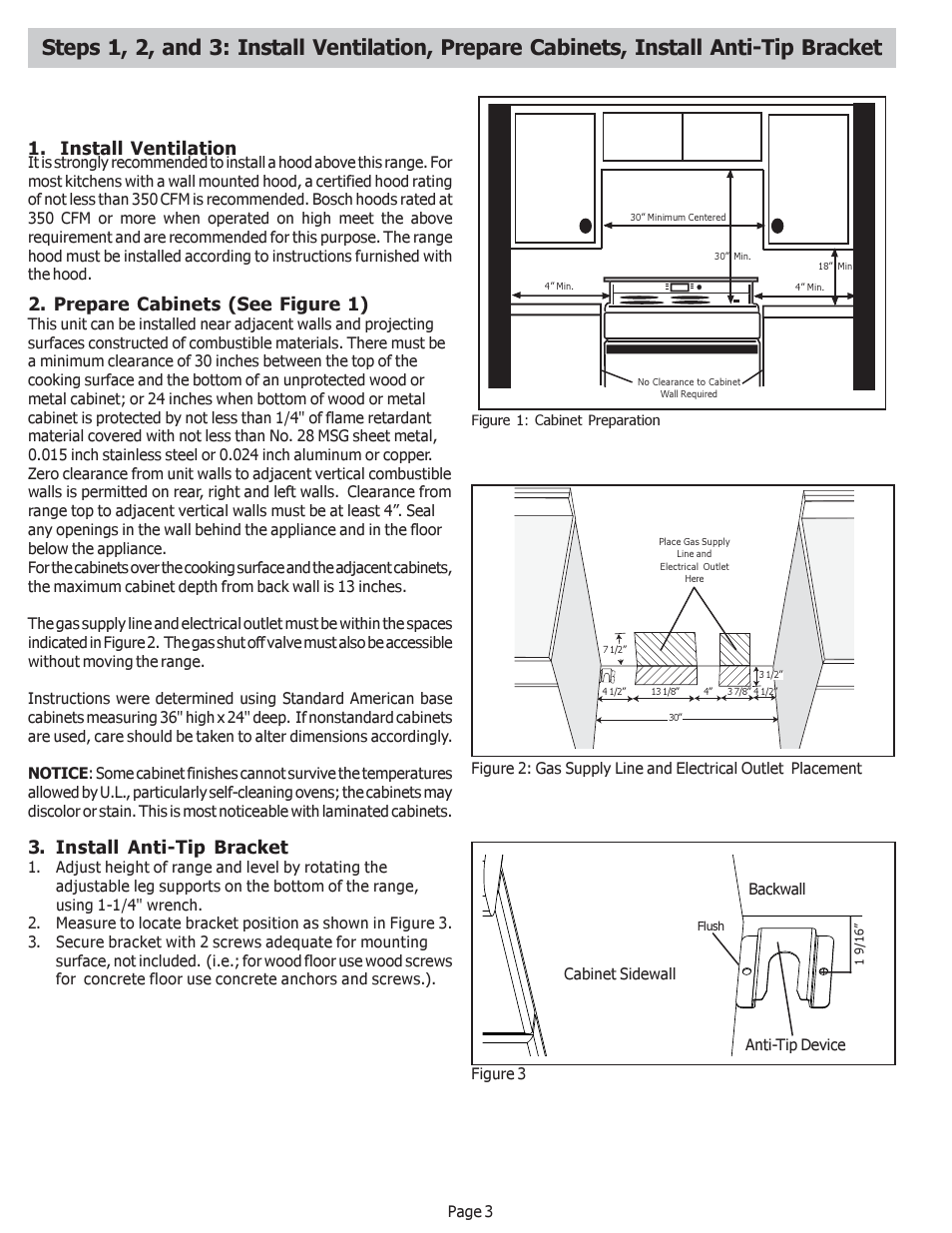 Install ventilation, Prepare cabinets (see figure 1), Install anti-tip bracket | Bosch HDS256U User Manual | Page 4 / 24