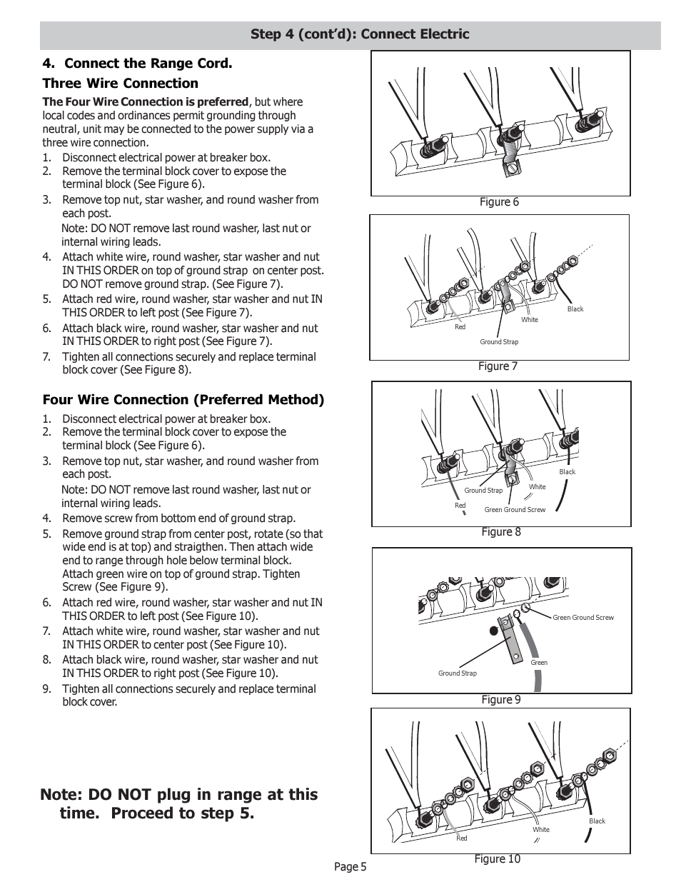 Connect the range cord. three wire connection, Four wire connection (preferred method), Step 4 (cont’d): connect electric | Bosch HDS256U User Manual | Page 6 / 24