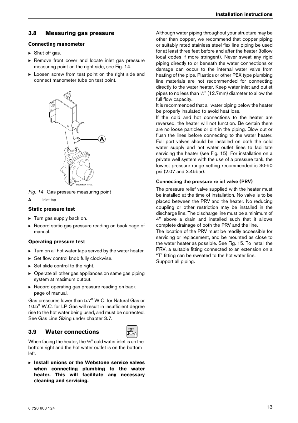 8 measuring gas pressure, 9 water connections | Bosch GWH 1000 User Manual | Page 13 / 28