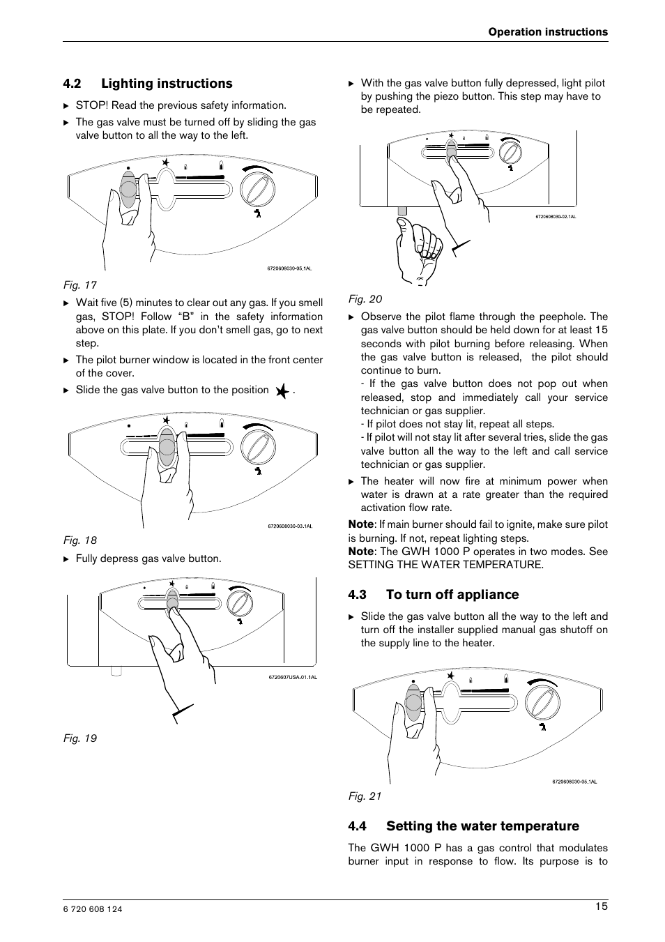 2 lighting instructions, 3 to turn off appliance, 4 setting the water temperature | Bosch GWH 1000 User Manual | Page 15 / 28