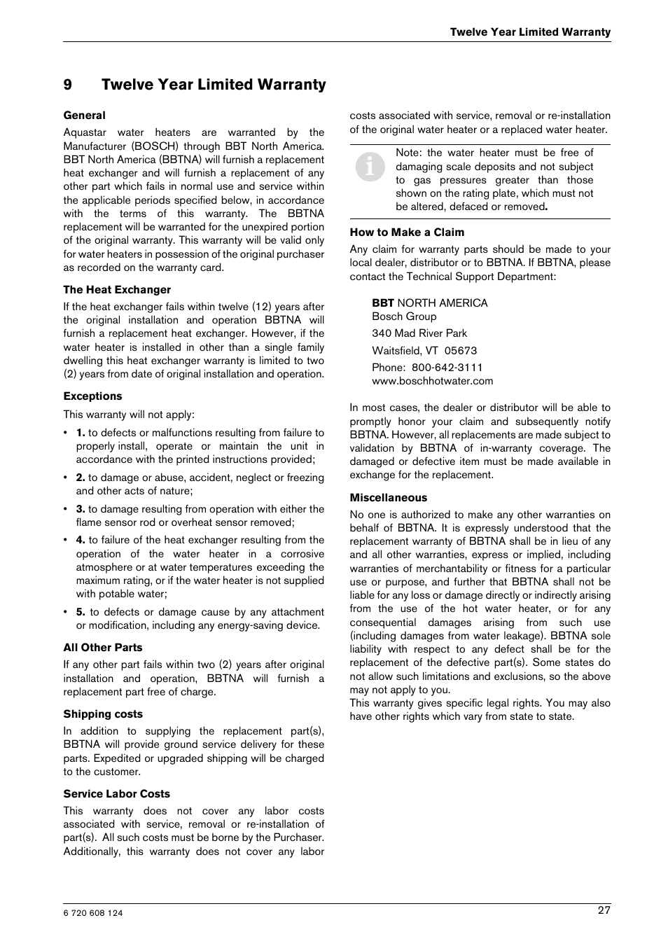 9twelve year limited warranty | Bosch GWH 1000 User Manual | Page 27 / 28