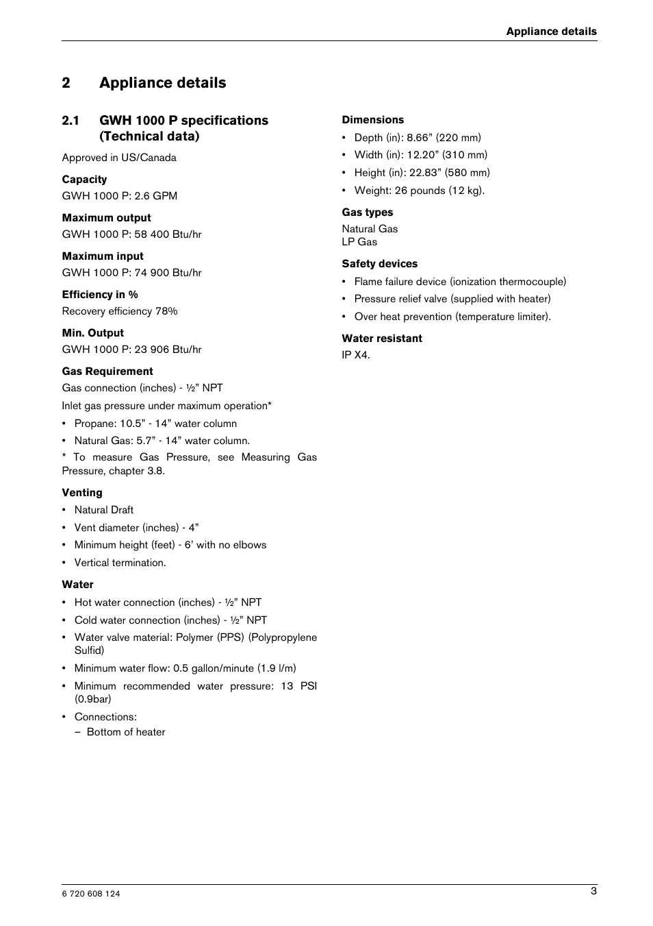 2appliance details | Bosch GWH 1000 User Manual | Page 3 / 28