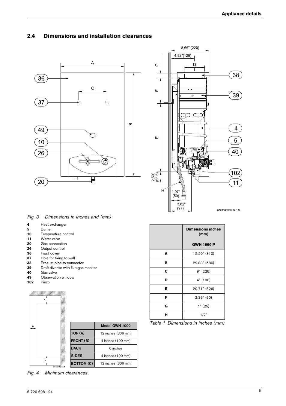 4 dimensions and installation clearances | Bosch GWH 1000 User Manual | Page 5 / 28