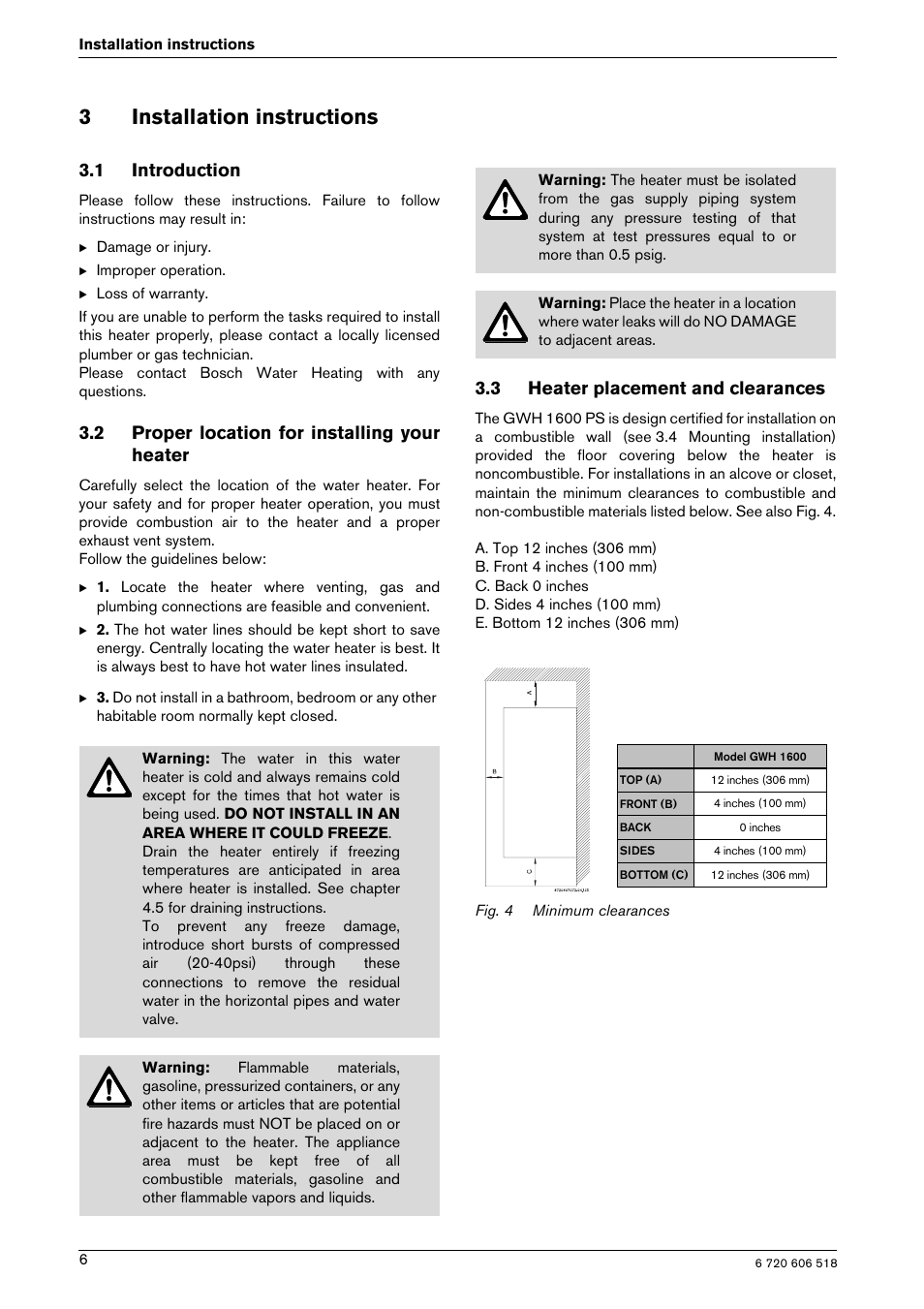 3installation instructions, 1 introduction, 2 proper location for installing your heater | 3 heater placement and clearances | Bosch GWH 1600 PS User Manual | Page 6 / 28