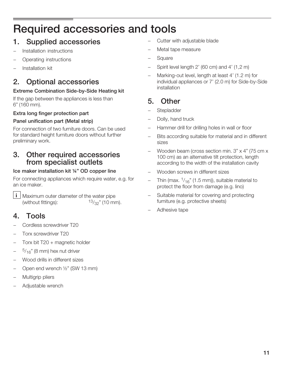 Required accessories and tools, Supplied accessories, Optional accessories 8 | Other required accessories from specialist outlets, Tools, Other | Bosch Bottom Freezer I User Manual | Page 11 / 92