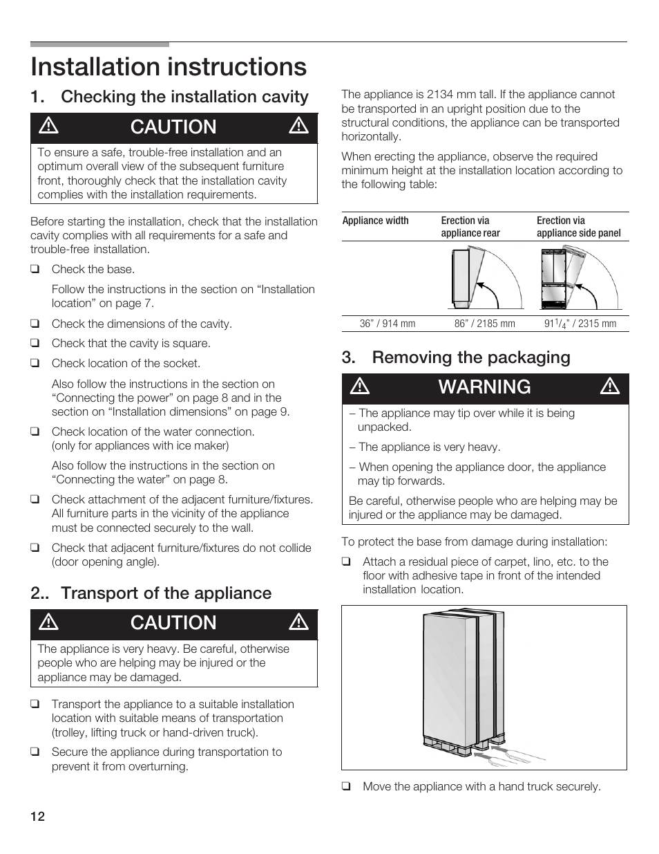 Installation instructions, Caution, Warning | Checking the installation cavity, Transport of the appliance, Removing the packaging | Bosch Bottom Freezer I User Manual | Page 12 / 92