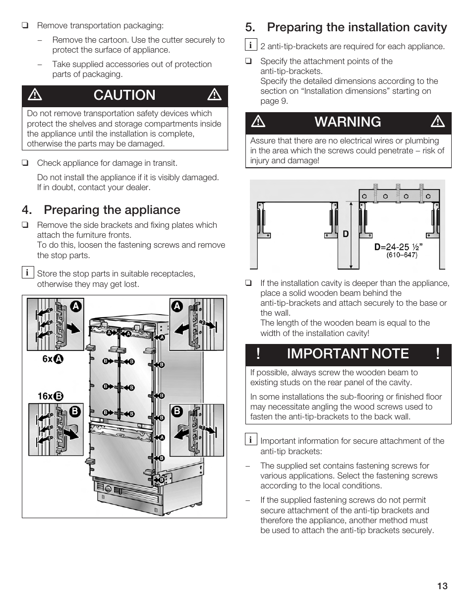 Caution, Warning, Preparing the appliance | Preparing the installation cavity | Bosch Bottom Freezer I User Manual | Page 13 / 92