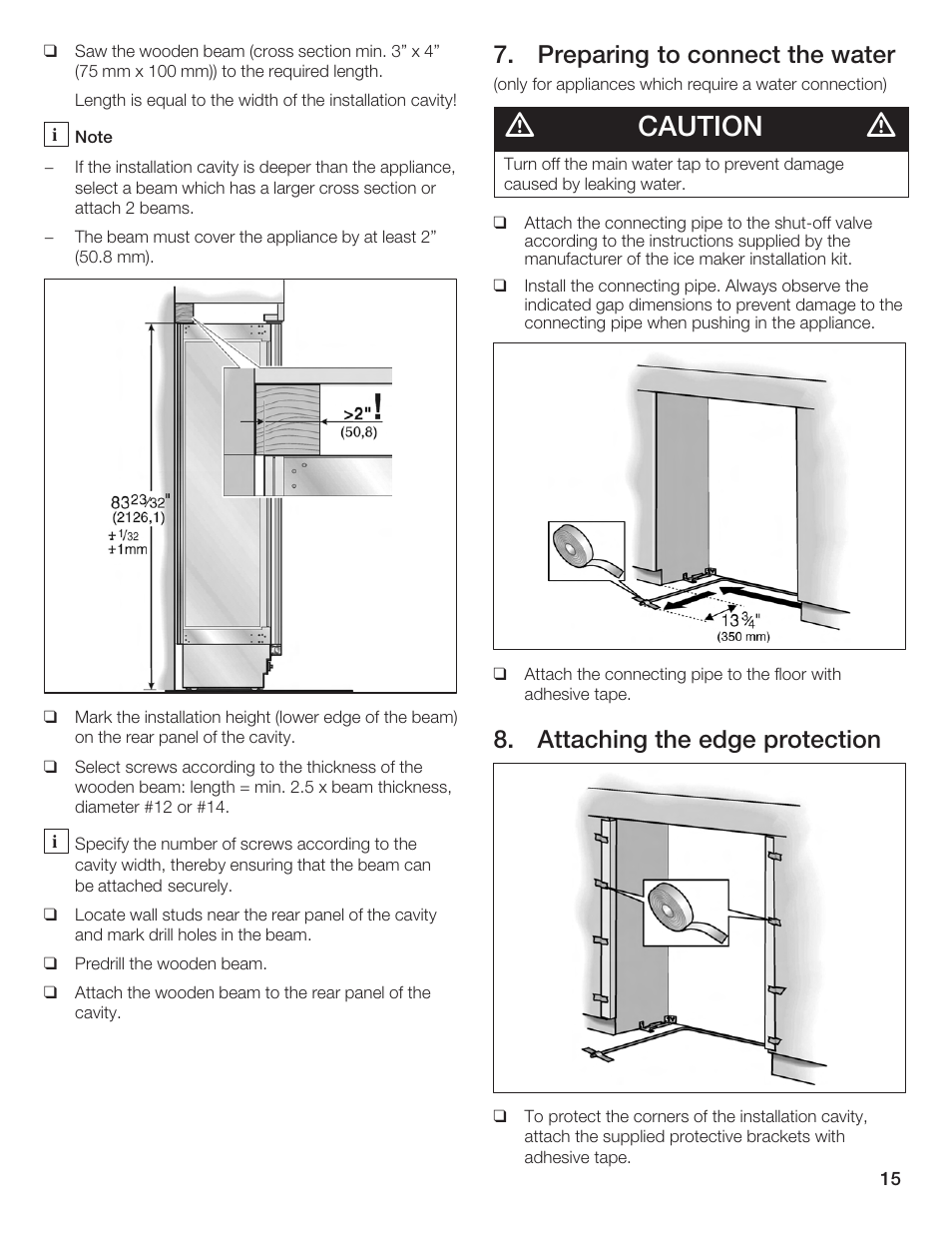 Caution, Preparing to connect the water, Attaching the edge protection | Bosch Bottom Freezer I User Manual | Page 15 / 92