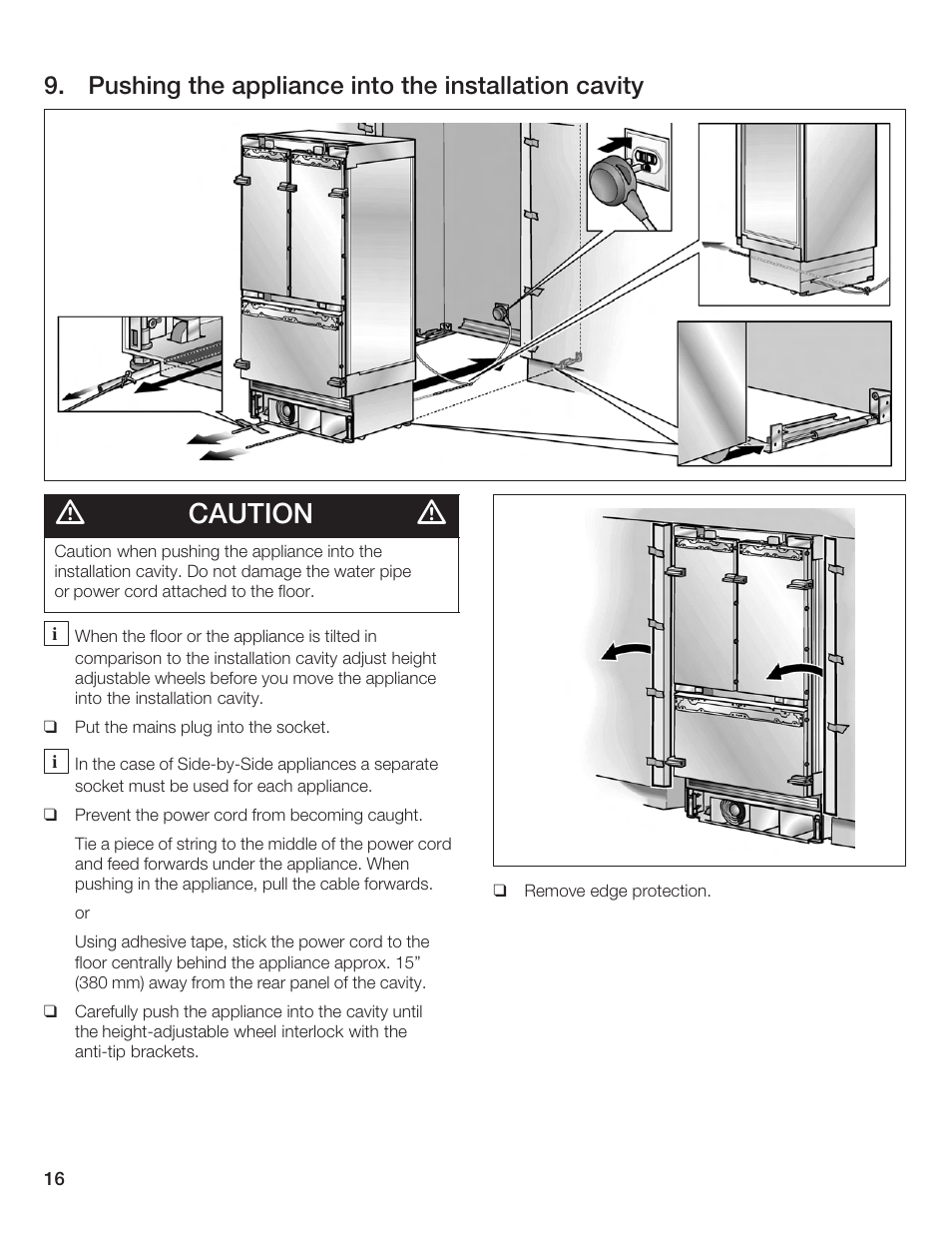 Caution, Pushing the appliance into the installation cavity | Bosch Bottom Freezer I User Manual | Page 16 / 92