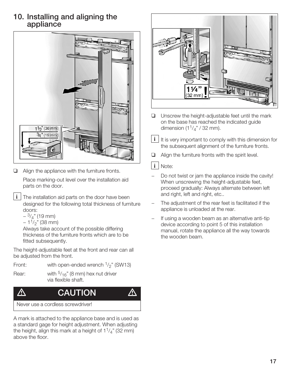 Caution, Installing and aligning the appliance | Bosch Bottom Freezer I User Manual | Page 17 / 92