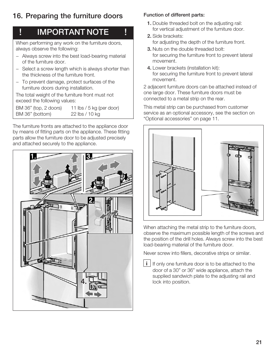 Preparing the furniture doors | Bosch Bottom Freezer I User Manual | Page 21 / 92