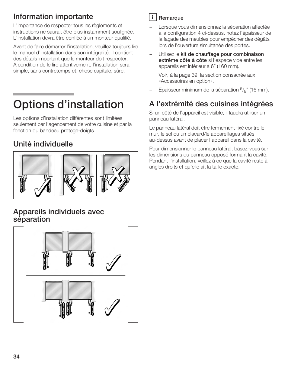 Options d'installation, Information importante, A l'extrémité des cuisines intégrées | Bosch Bottom Freezer I User Manual | Page 34 / 92