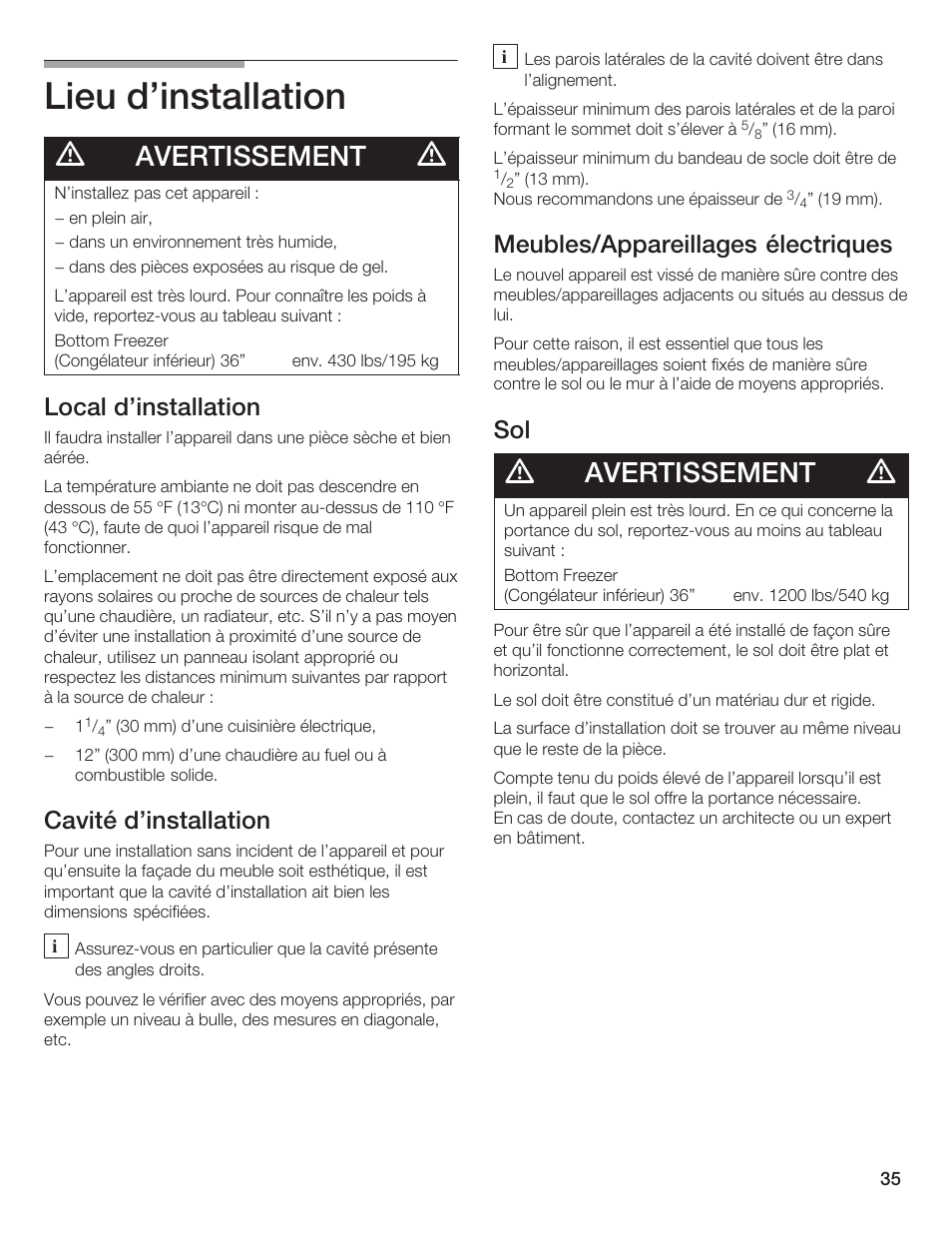 Lieu d'installation, Avertissement, Local d'installation | Cavité d'installation, Meubles/appareillages électriques | Bosch Bottom Freezer I User Manual | Page 35 / 92