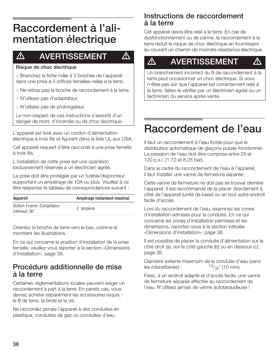 Raccordement à l'alić mentation électrique, Raccordement de l'eau, Avertissement | Procédure additionnelle de mise à la terre, Instructions de raccordement à la terre | Bosch Bottom Freezer I User Manual | Page 36 / 92