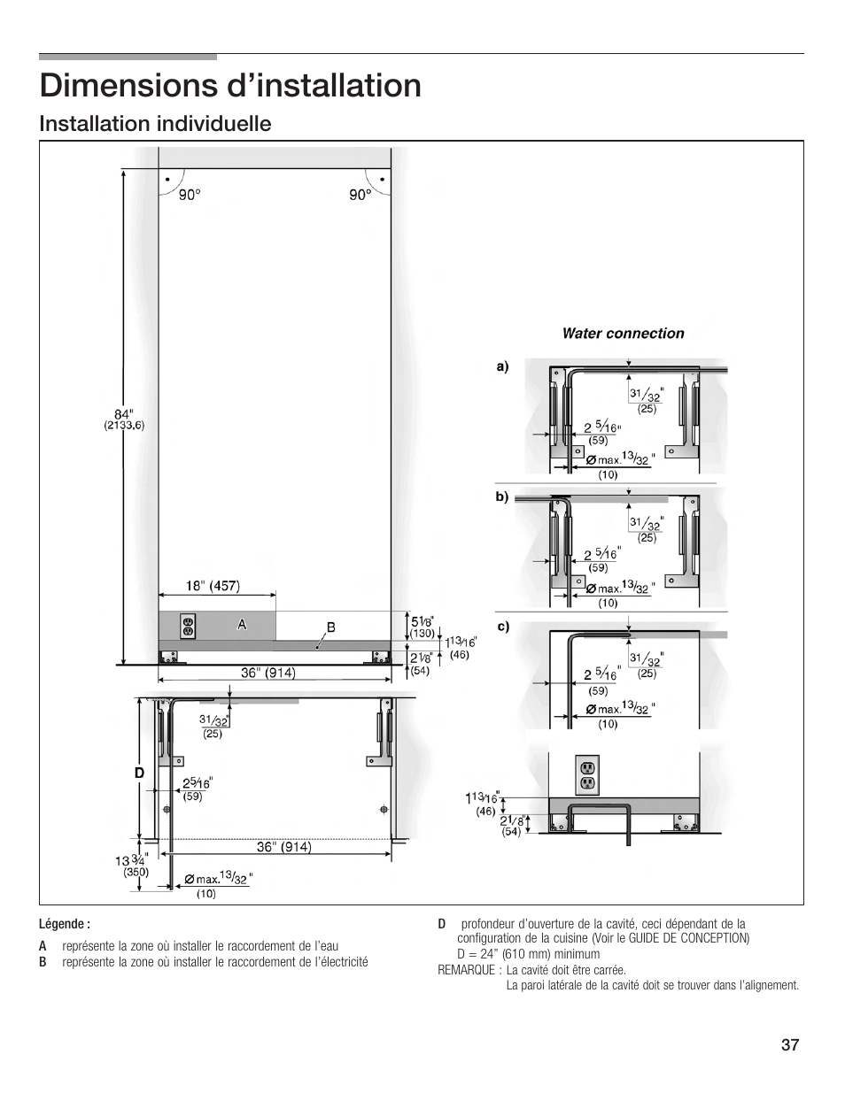 Dimensions d'installation, Installation individuelle | Bosch Bottom Freezer I User Manual | Page 37 / 92