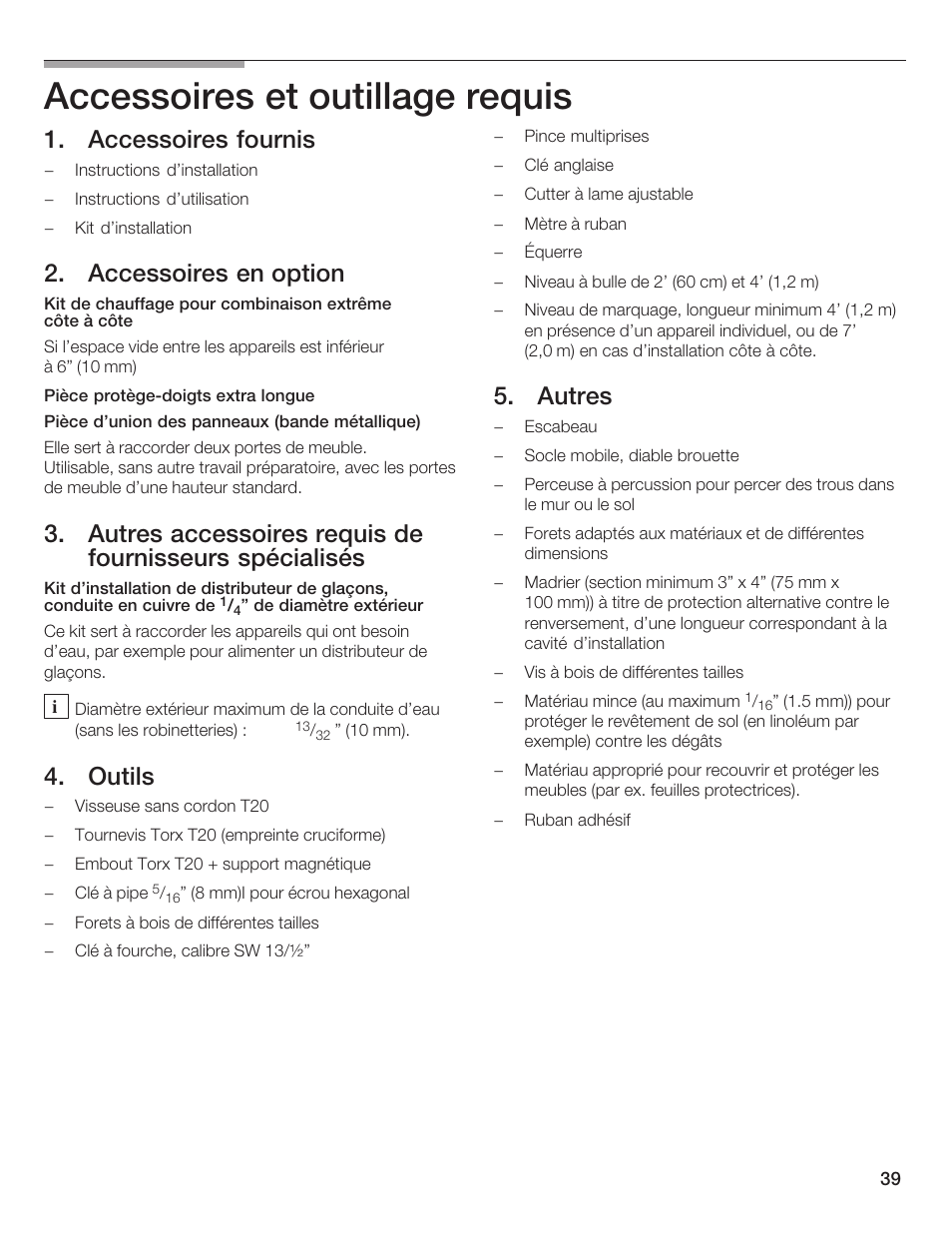 Accessoires et outillage requis, Accessoires fournis, Accessoires en option | Outils, Autres | Bosch Bottom Freezer I User Manual | Page 39 / 92