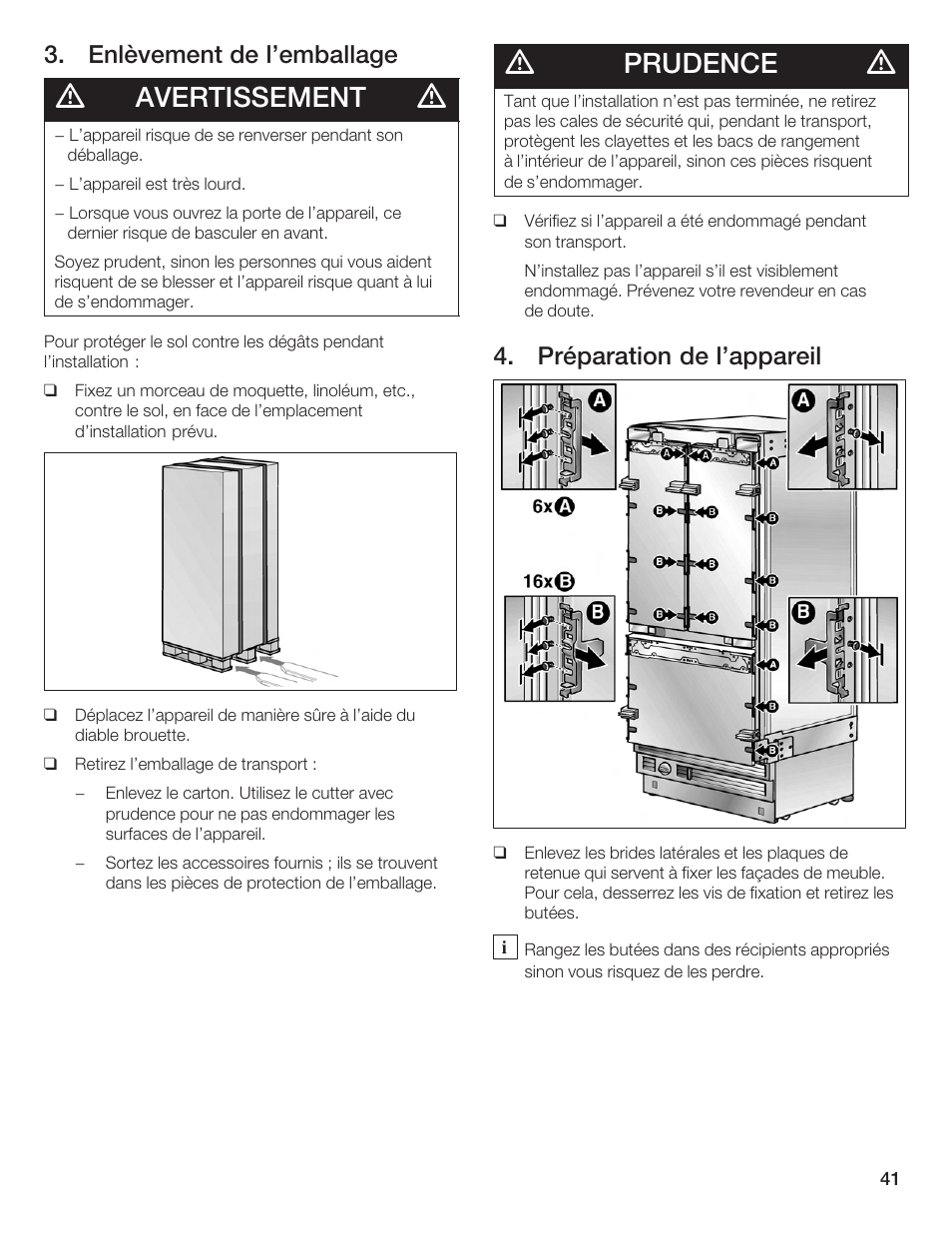 Avertissement, Prudence, Enlèvement de l'emballage | Préparation de l'appareil | Bosch Bottom Freezer I User Manual | Page 41 / 92