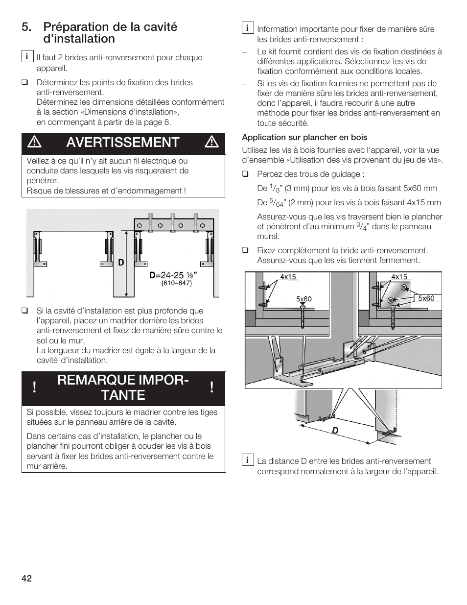 Avertissement, Remarque imporć tante, Préparation de la cavité d'installation | Bosch Bottom Freezer I User Manual | Page 42 / 92