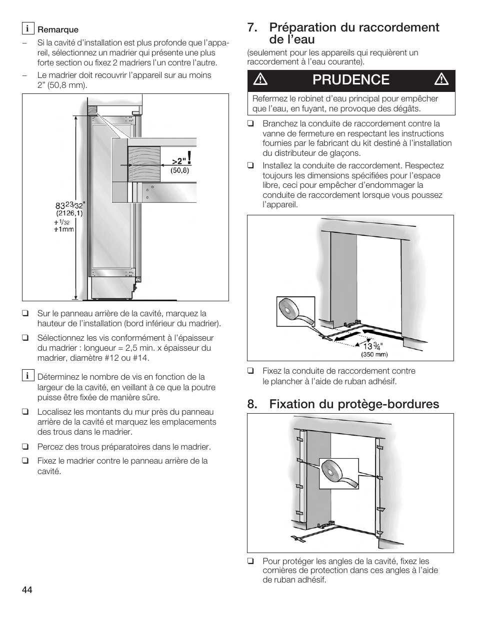 Prudence, Préparation du raccordement de l'eau, Fixation du protègećbordures | Bosch Bottom Freezer I User Manual | Page 44 / 92