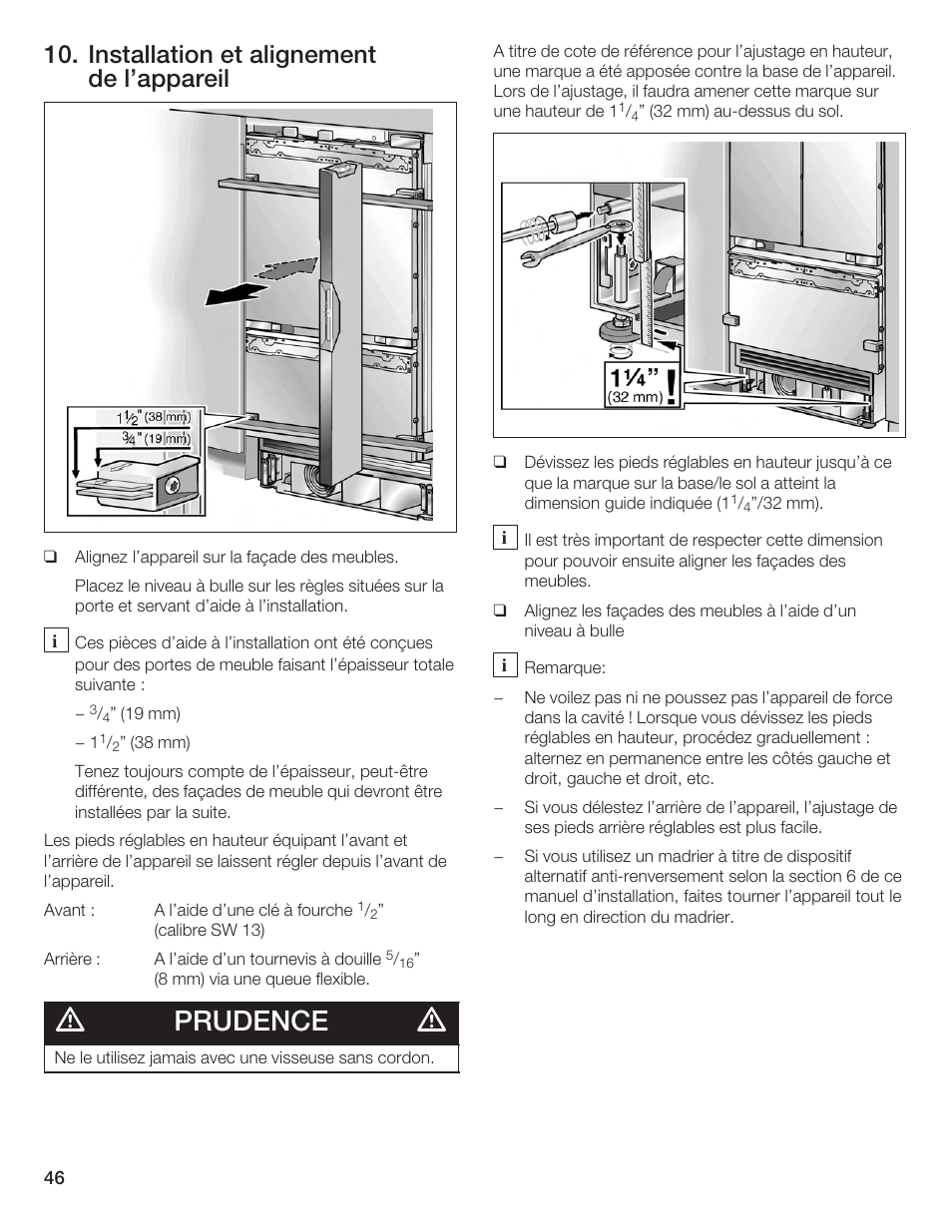 Prudence, Installation et alignement de l'appareil | Bosch Bottom Freezer I User Manual | Page 46 / 92