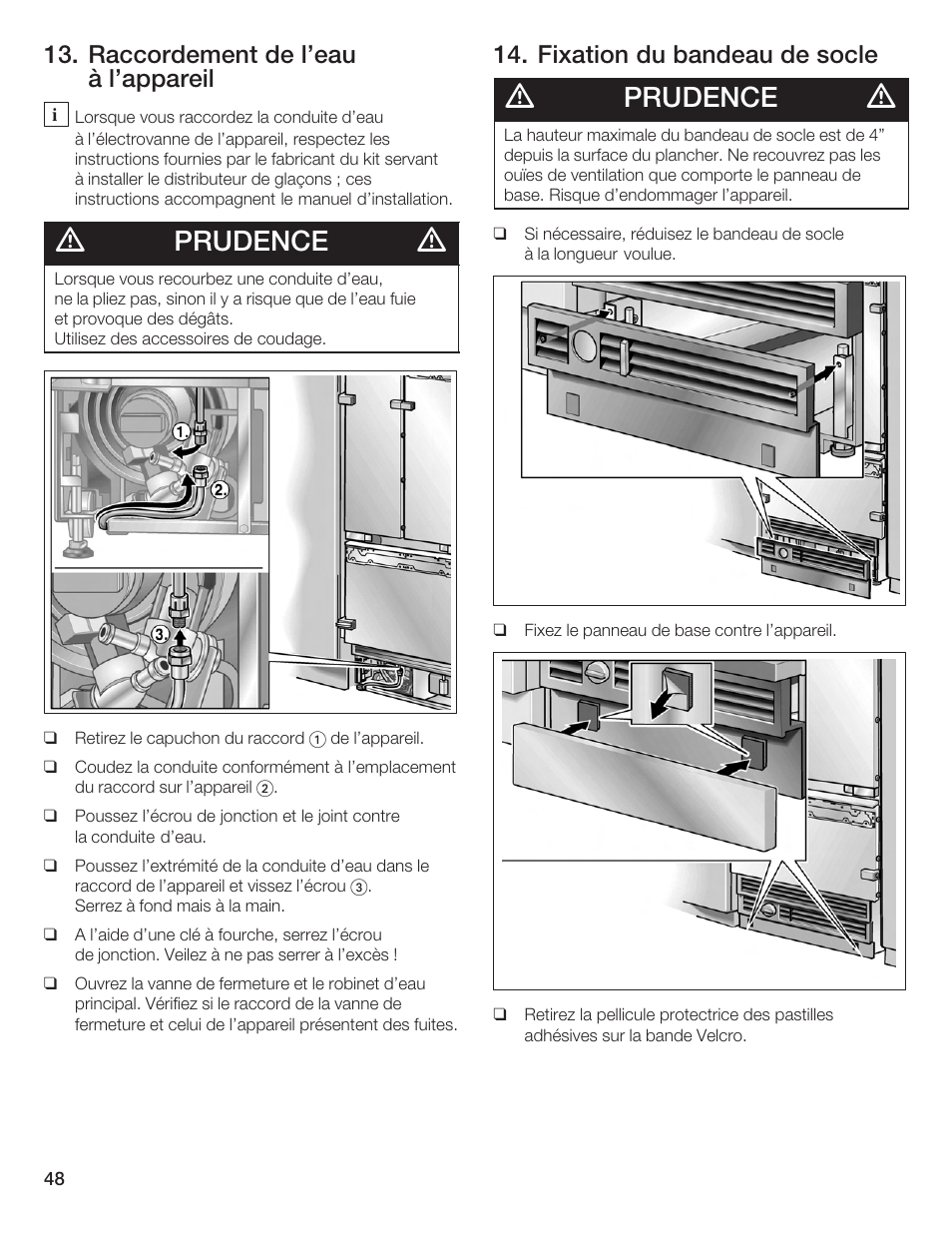 Prudence, Raccordement de l'eau à l'appareil, Fixation du bandeau de socle | Bosch Bottom Freezer I User Manual | Page 48 / 92