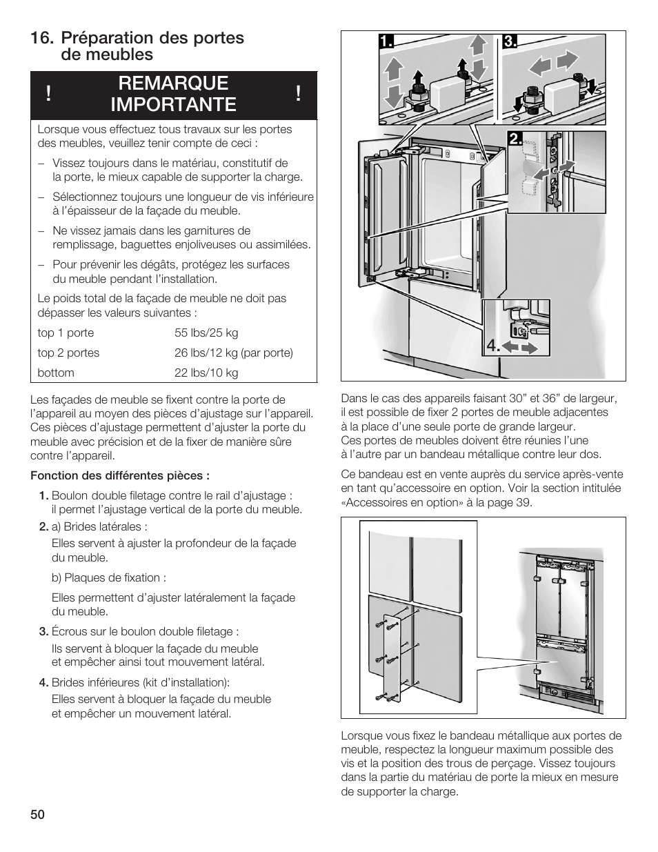 Remarque importante, Préparation des portes de meubles | Bosch Bottom Freezer I User Manual | Page 50 / 92