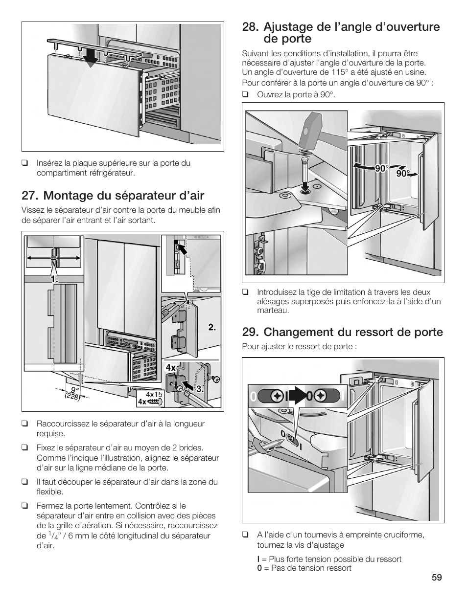 Montage du séparateur d'air, Ajustage de l'angle d'ouverture de porte, Changement du ressort de porte | Bosch Bottom Freezer I User Manual | Page 59 / 92