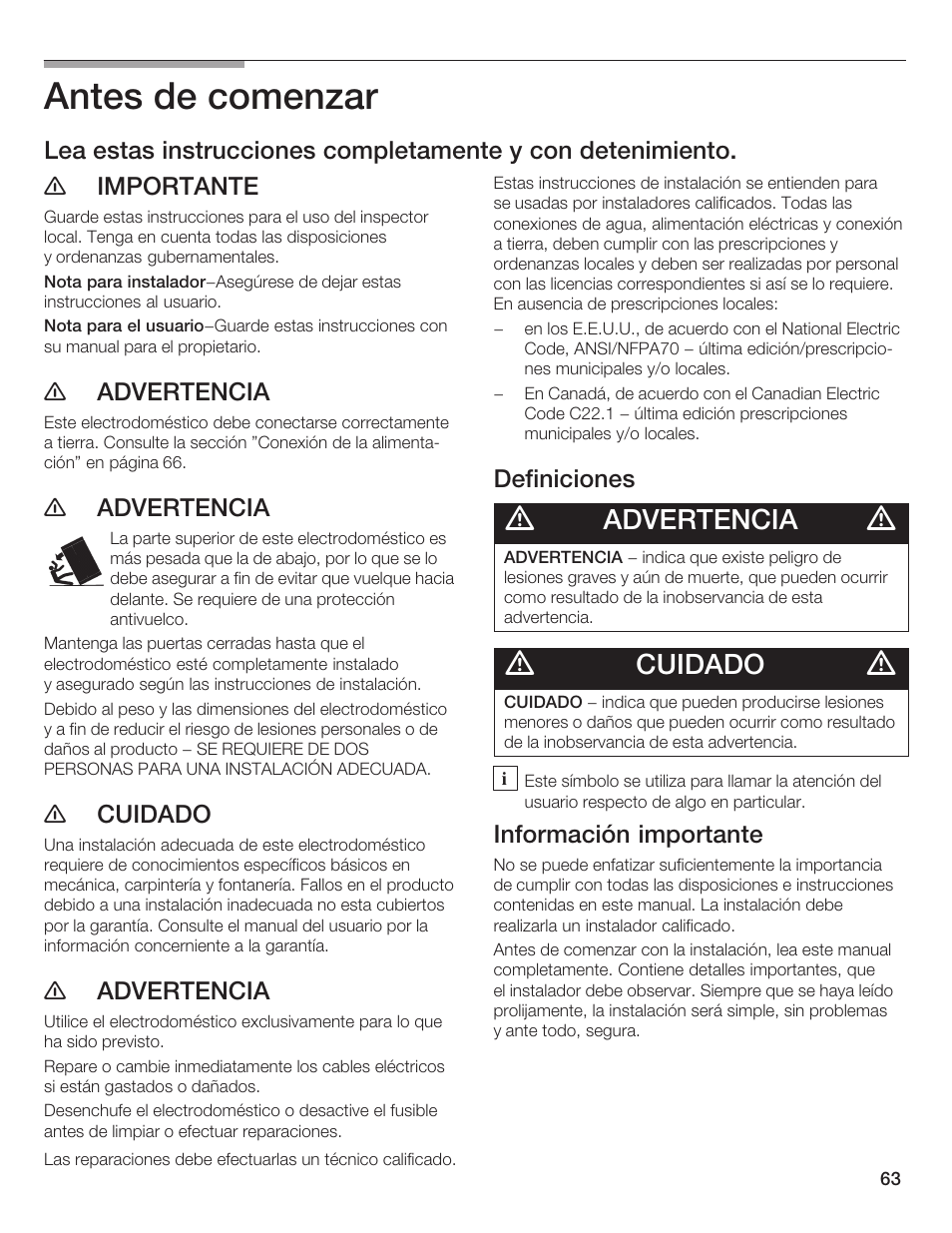 Antes de comenzar, Advertencia, Cuidado | Bosch Bottom Freezer I User Manual | Page 63 / 92