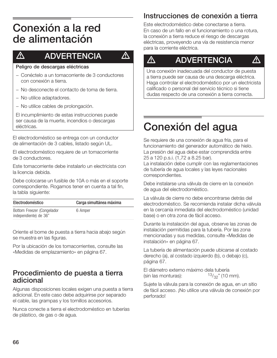 Conexión a la red de alimentación, Conexión del agua, Advertencia | Procedimiento de puesta a tierra adicional, Instrucciones de conexión a tierra | Bosch Bottom Freezer I User Manual | Page 66 / 92