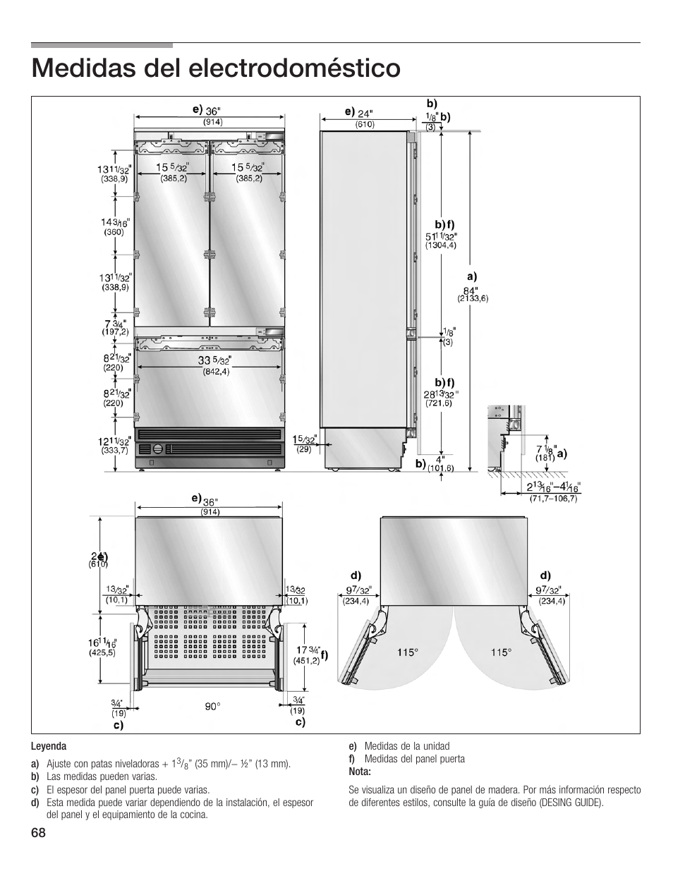 Medidas del electrodoméstico | Bosch Bottom Freezer I User Manual | Page 68 / 92