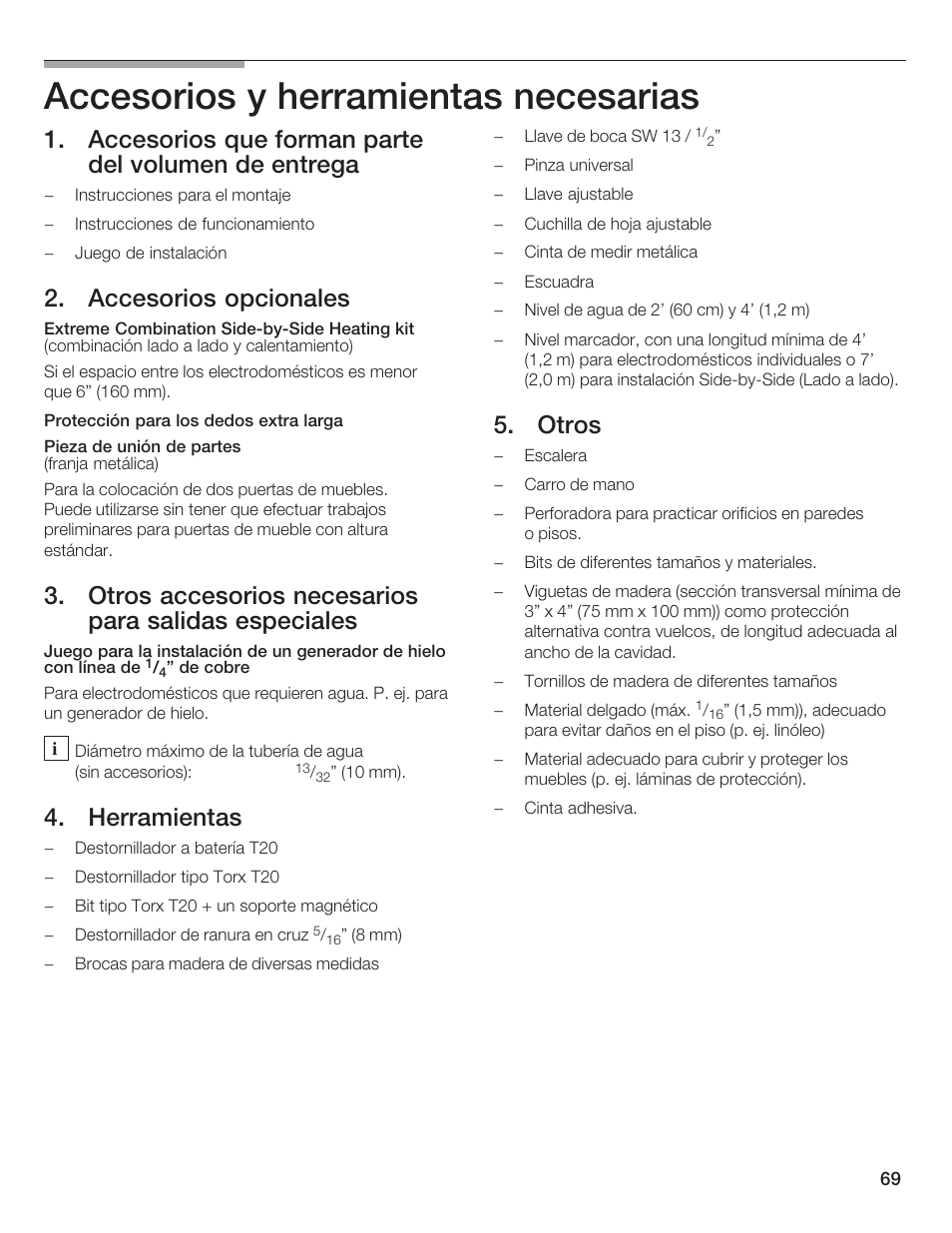 Accesorios y herramientas necesarias, Accesorios que forman parte del volumen de entrega, Accesorios opcionales 12 | Herramientas, Otros | Bosch Bottom Freezer I User Manual | Page 69 / 92