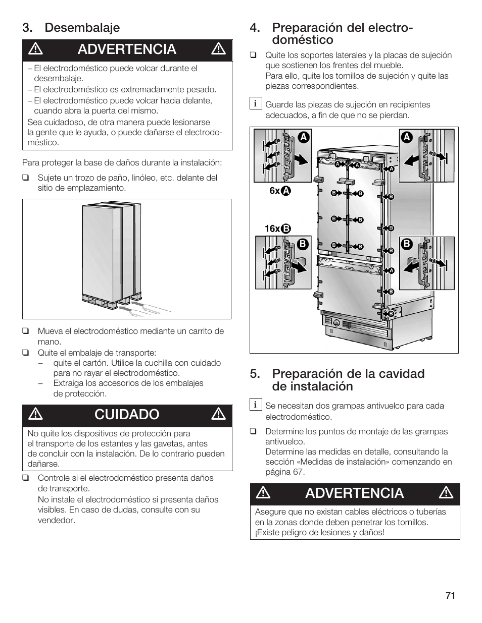 Advertencia, Cuidado | Bosch Bottom Freezer I User Manual | Page 71 / 92