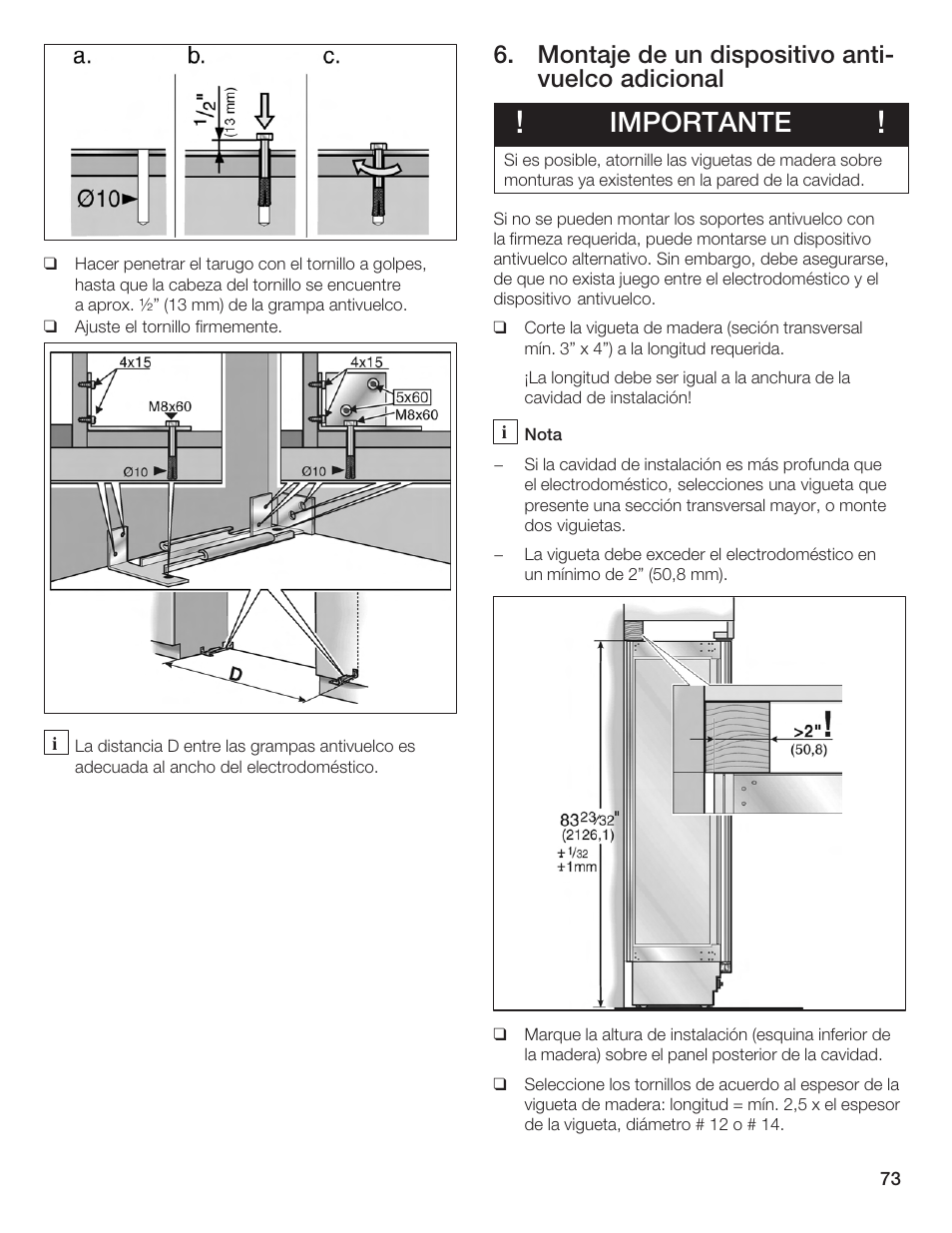 Importante, Montaje de un dispositivo antić vuelco adicional | Bosch Bottom Freezer I User Manual | Page 73 / 92