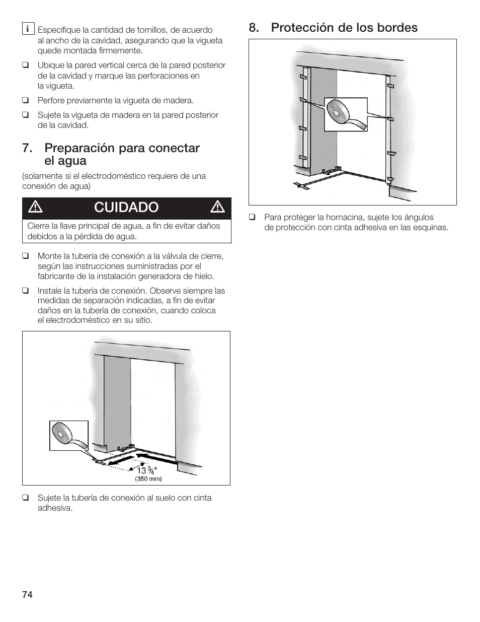 Cuidado, Preparación para conectar el agua, Protección de los bordes | Bosch Bottom Freezer I User Manual | Page 74 / 92