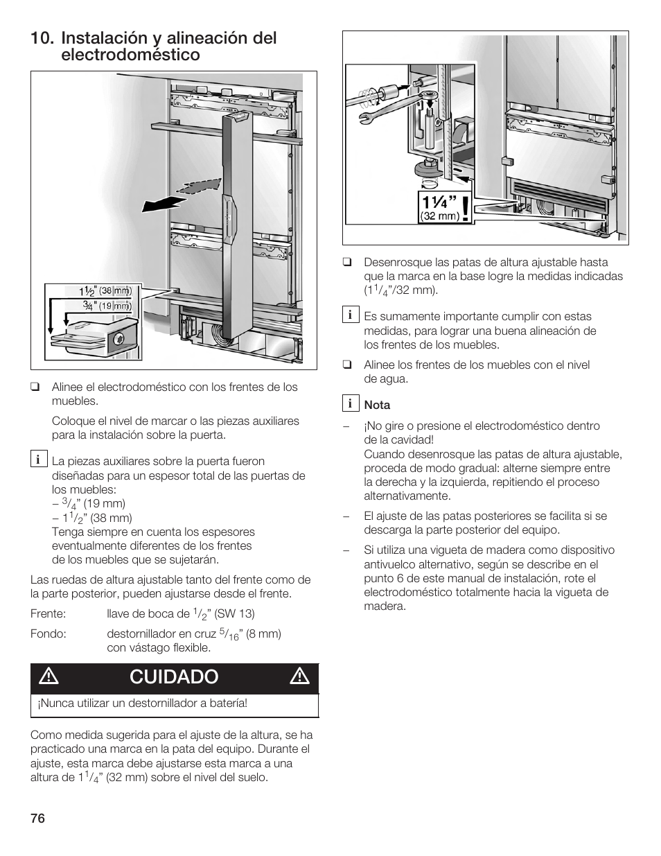 Cuidado, Instalación y alineación del electrodoméstico | Bosch Bottom Freezer I User Manual | Page 76 / 92