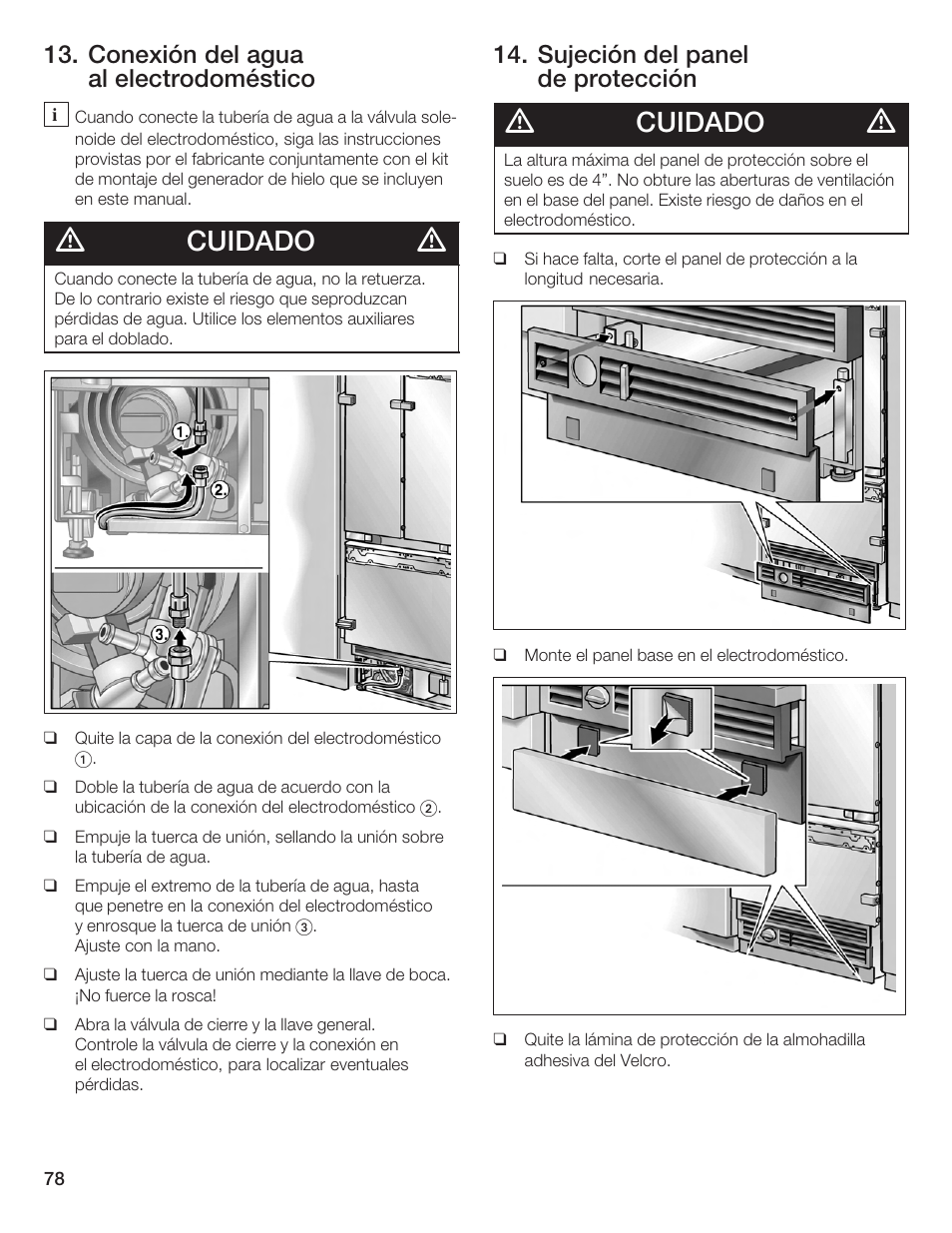 Cuidado, Conexión del agua al electrodoméstico, Sujeción del panel de protección | Bosch Bottom Freezer I User Manual | Page 78 / 92