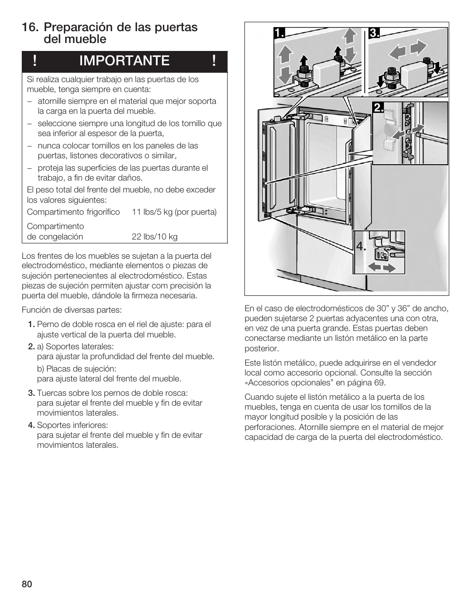 Importante, Preparación de las puertas del mueble | Bosch Bottom Freezer I User Manual | Page 80 / 92