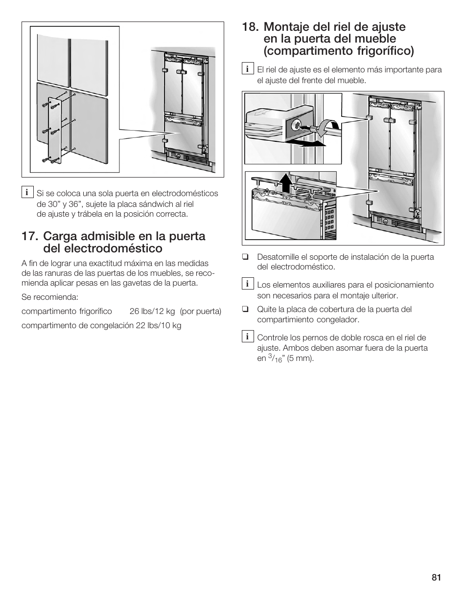 Carga admisible en la puerta del electrodoméstico | Bosch Bottom Freezer I User Manual | Page 81 / 92