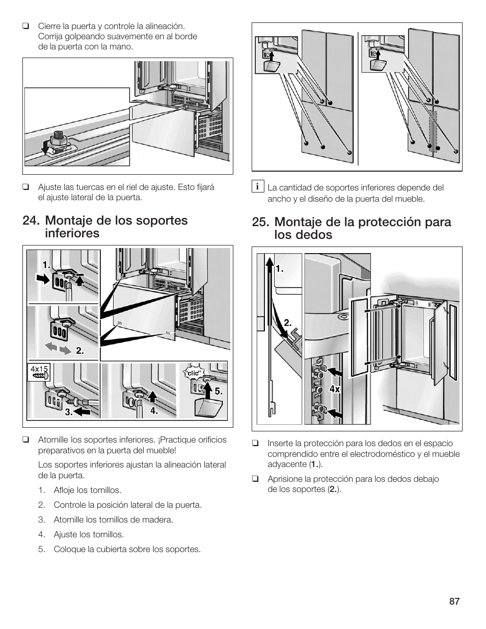 Montaje de los soportes inferiores, Montaje de la protección para los dedos | Bosch Bottom Freezer I User Manual | Page 87 / 92