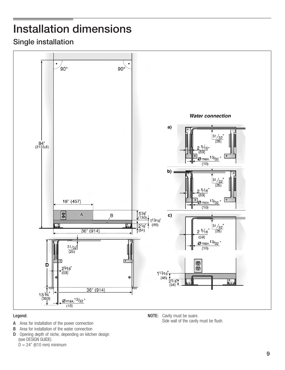 Installation dimensions, Single installation 6 | Bosch Bottom Freezer I User Manual | Page 9 / 92