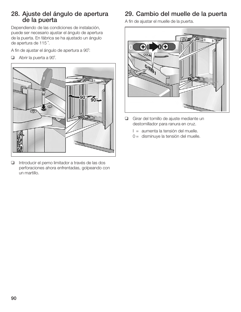 Ajuste del ángulo de apertura de la puerta, Cambio del muelle de la puerta | Bosch Bottom Freezer I User Manual | Page 90 / 92