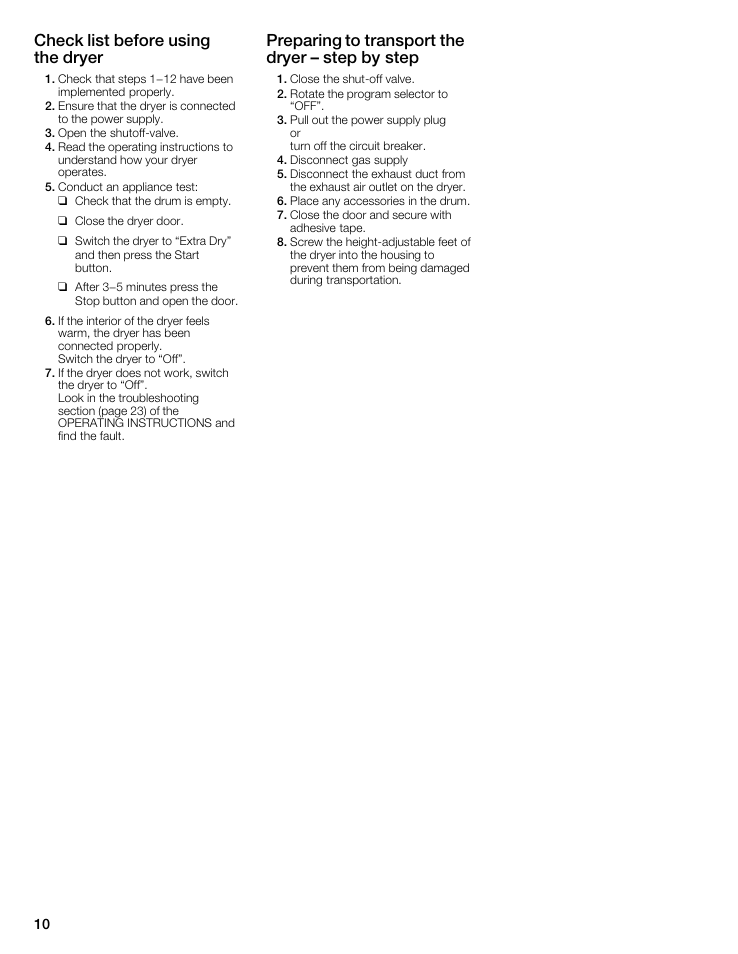 Check list before using the dryer, Preparing to transport the dryer ć step by step | Bosch WTMC6521UC User Manual | Page 10 / 80