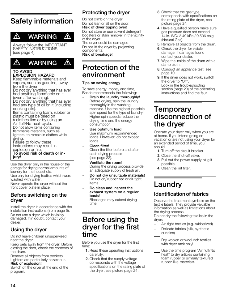 Safety information d, Protection of the environment, Before using the dryer for the first time | Temporary disconnection of the dryer, Laundry, Warning, Before switching on the dryer, Using the dryer, Protecting the dryer, Identification of fabrics | Bosch WTMC6521UC User Manual | Page 14 / 80