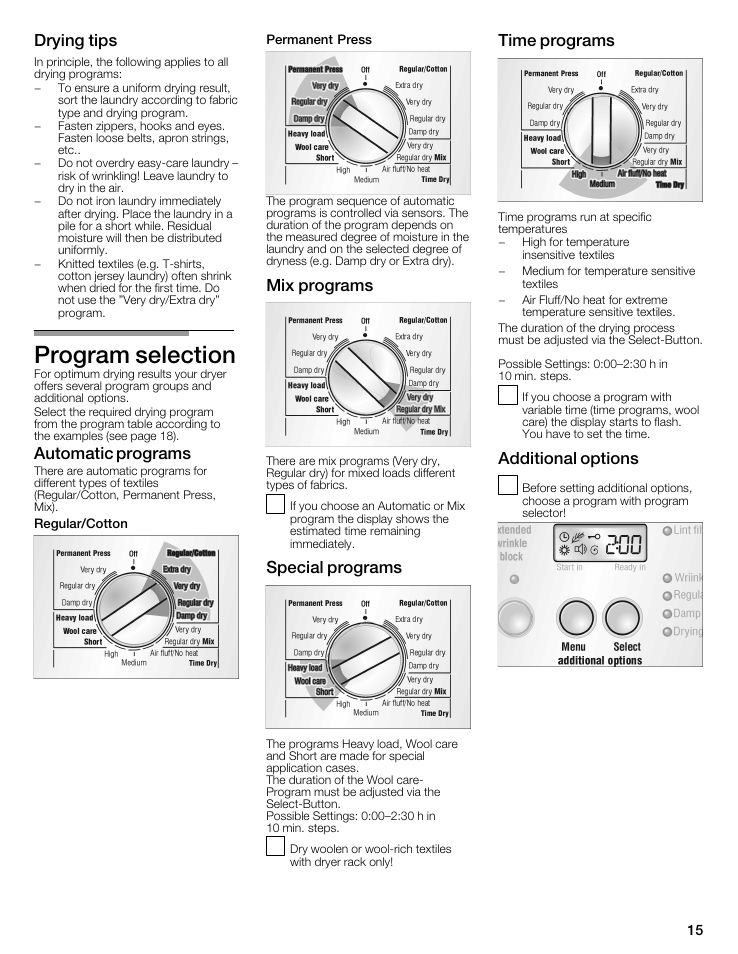 Program selection, Drying tips, Automatic programs | Mix programs, Special programs, Time programs, Additional options | Bosch WTMC6521UC User Manual | Page 15 / 80