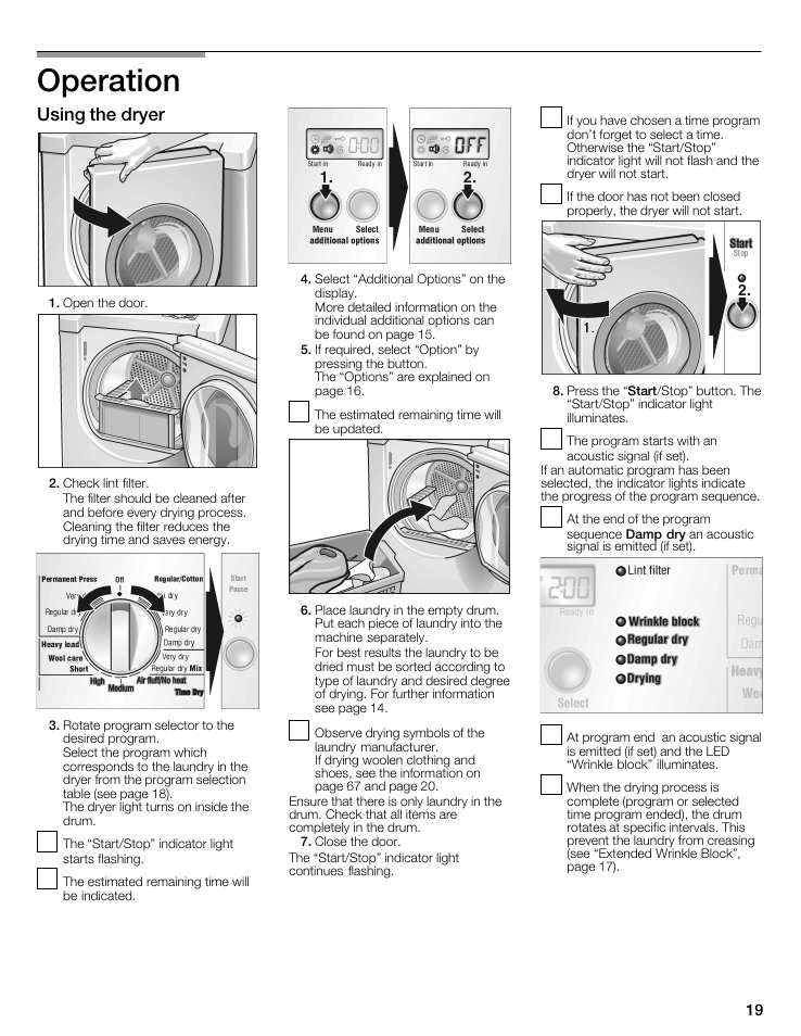Operation, Using the dryer | Bosch WTMC6521UC User Manual | Page 19 / 80